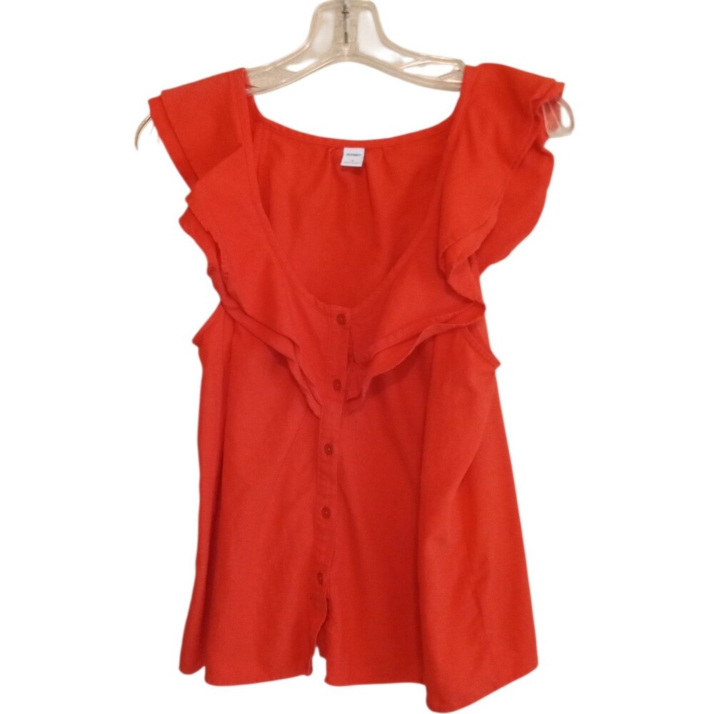 Old Navy Linen Blend Ruffled V-Neck No-Peek Button-Front Blouse Top